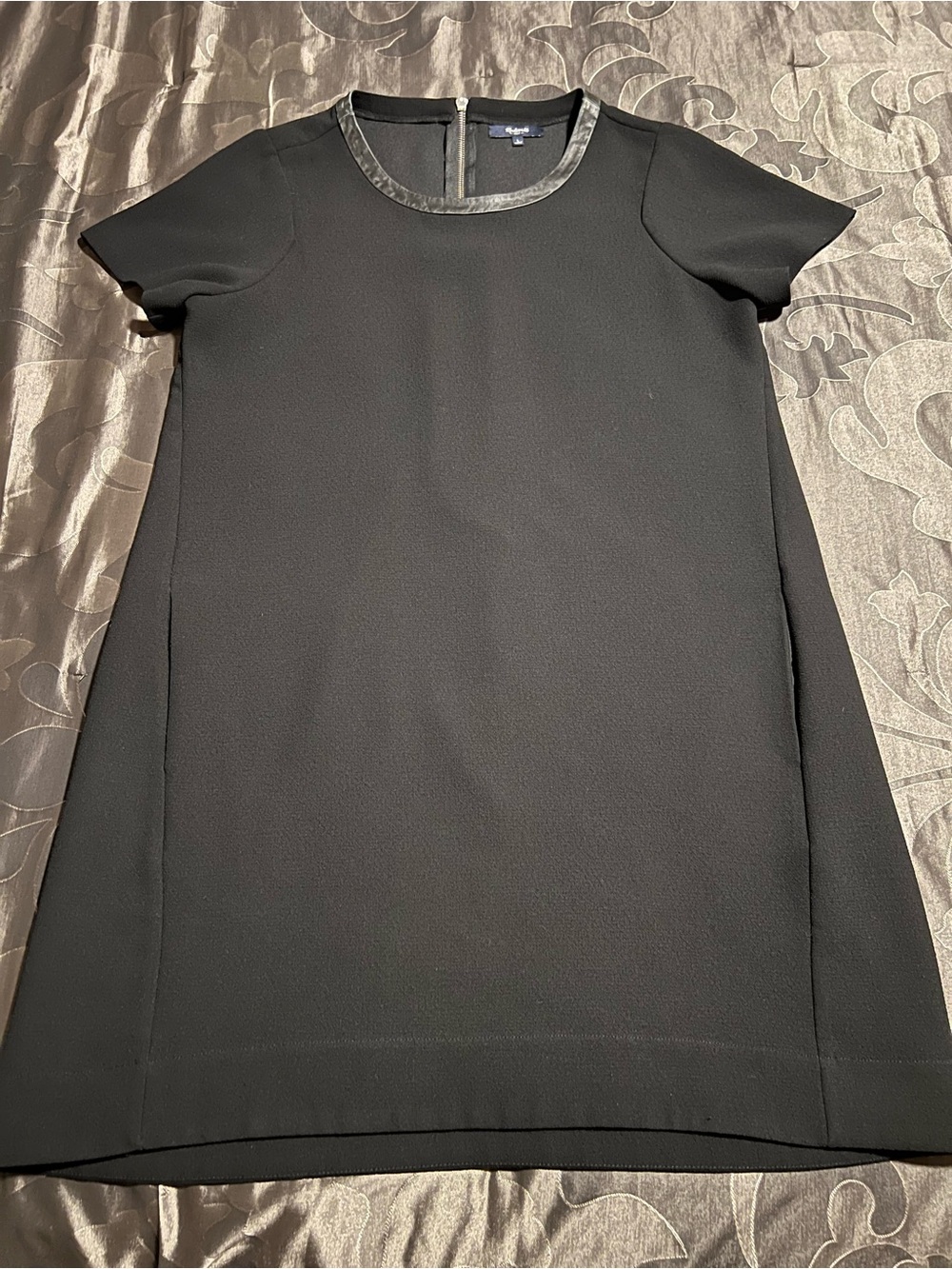 Madewell Black Shift A-line Dress with Leather Contrast Collar Trim Pockets LG